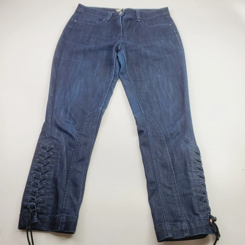 Anthropologie Leifsdottir Women Dark Denim Cropped Lace Up Fray Riding Jeans 28